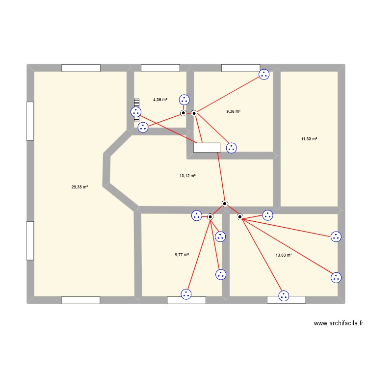 Apt1etage_Prises. Plan de 7 pièces et 90 m2