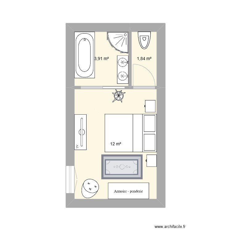 chambre et salle de bain wc. Plan de 0 pièce et 0 m2