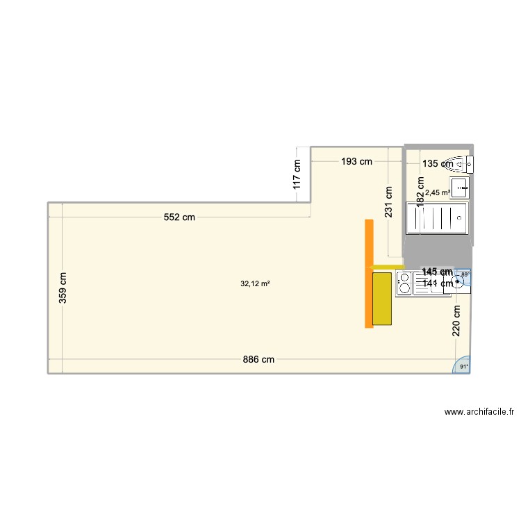 Plan 35CR - 1. Plan de 2 pièces et 35 m2