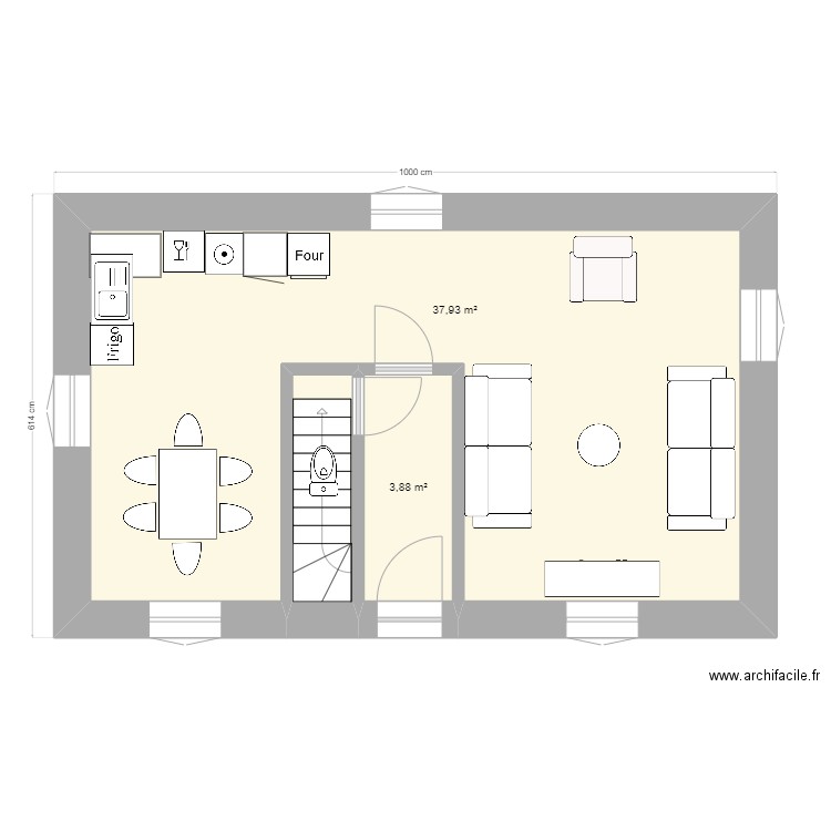 Gite 2 - RDC C - cuisine & salon. Plan de 3 pièces et 44 m2