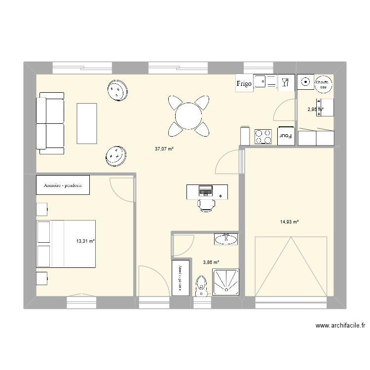 1 ch garage. Plan de 5 pièces et 72 m2