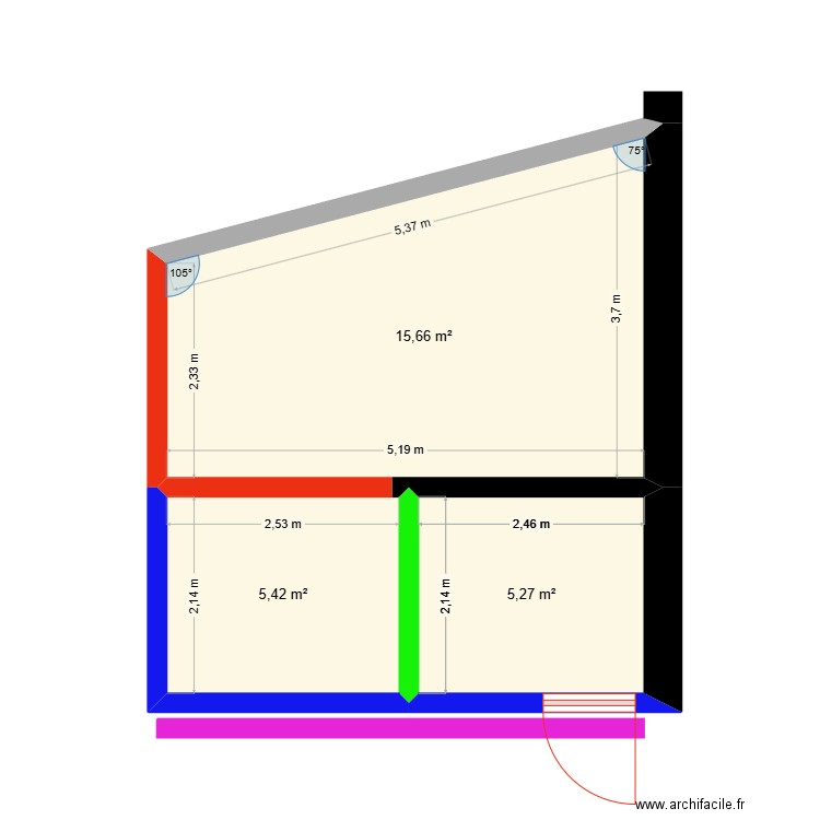 Coupe extension véranda. Plan de 3 pièces et 26 m2