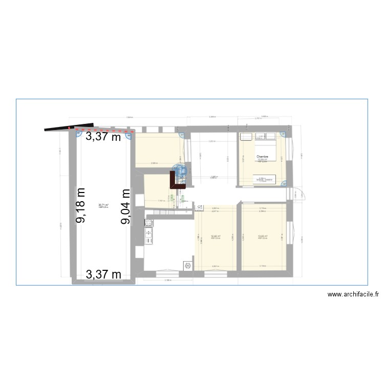 ouest. Plan de 1 pièce et 31 m2