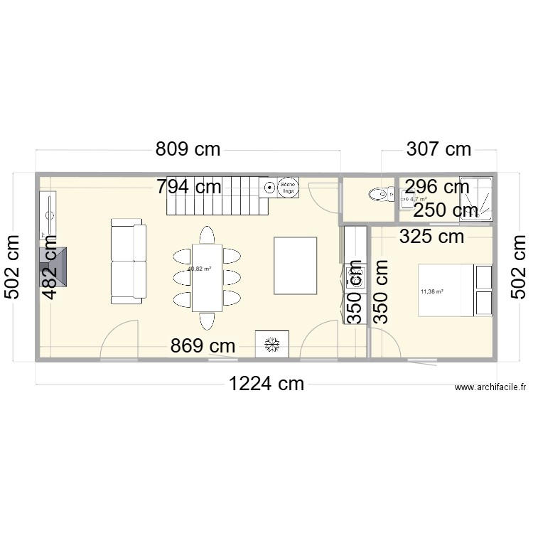 rdc1. Plan de 3 pièces et 57 m2