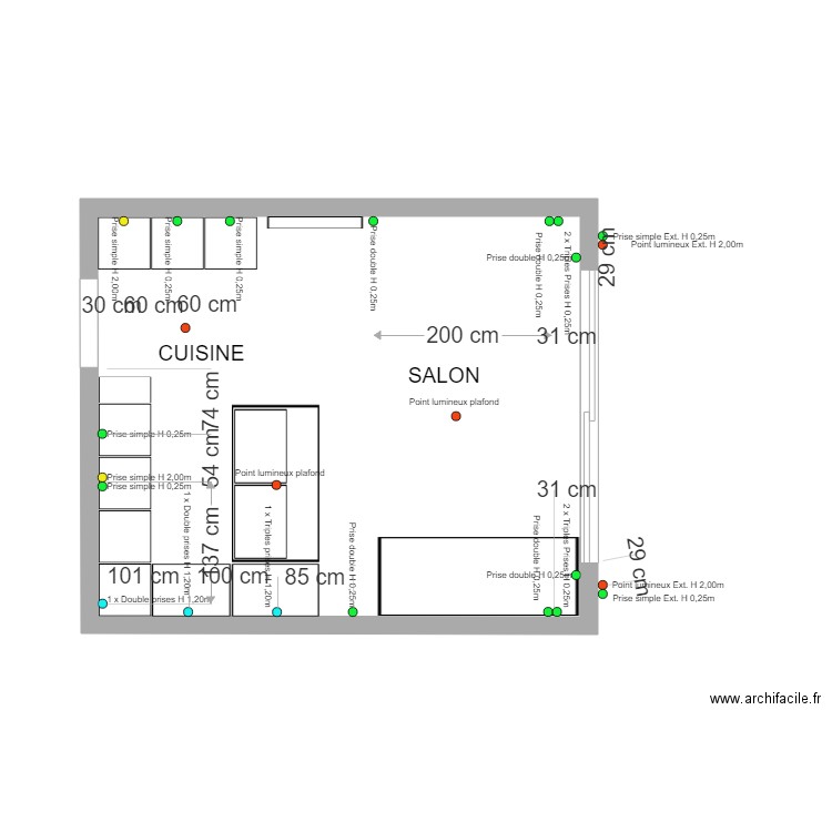 Cuisine et Salon et Terrasse Points lumineux + Prises. Plan de 0 pièce et 0 m2