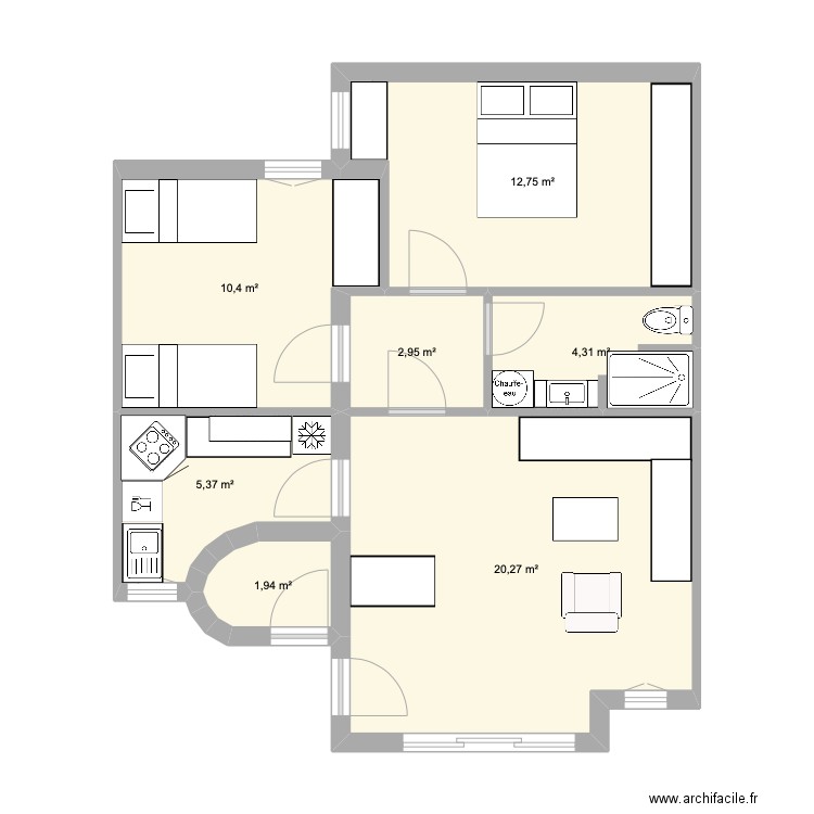 Appartement AA v2. Plan de 7 pièces et 58 m2