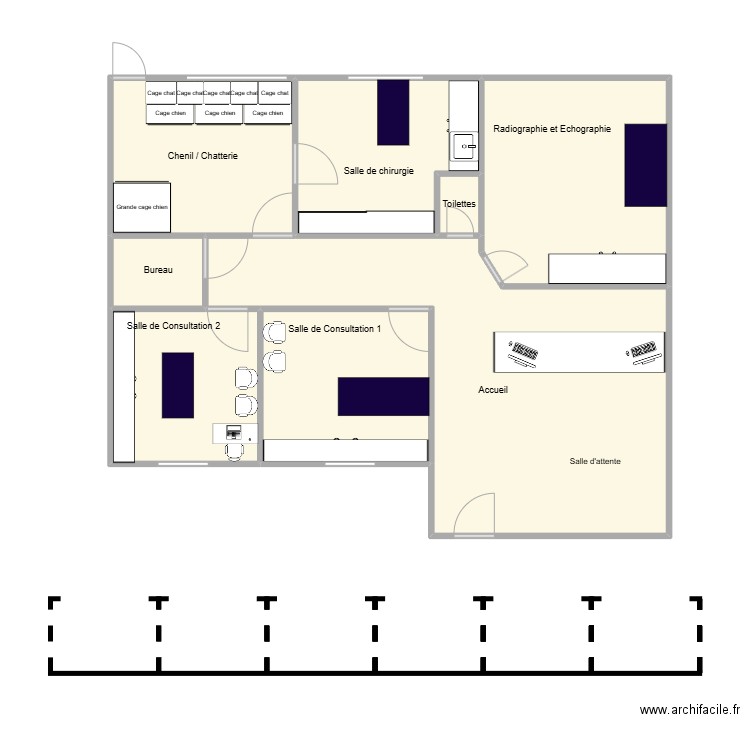 Clinique vétérinaire. Plan de 8 pièces et 87 m2