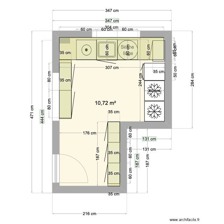 buanderie. Plan de 1 pièce et 11 m2