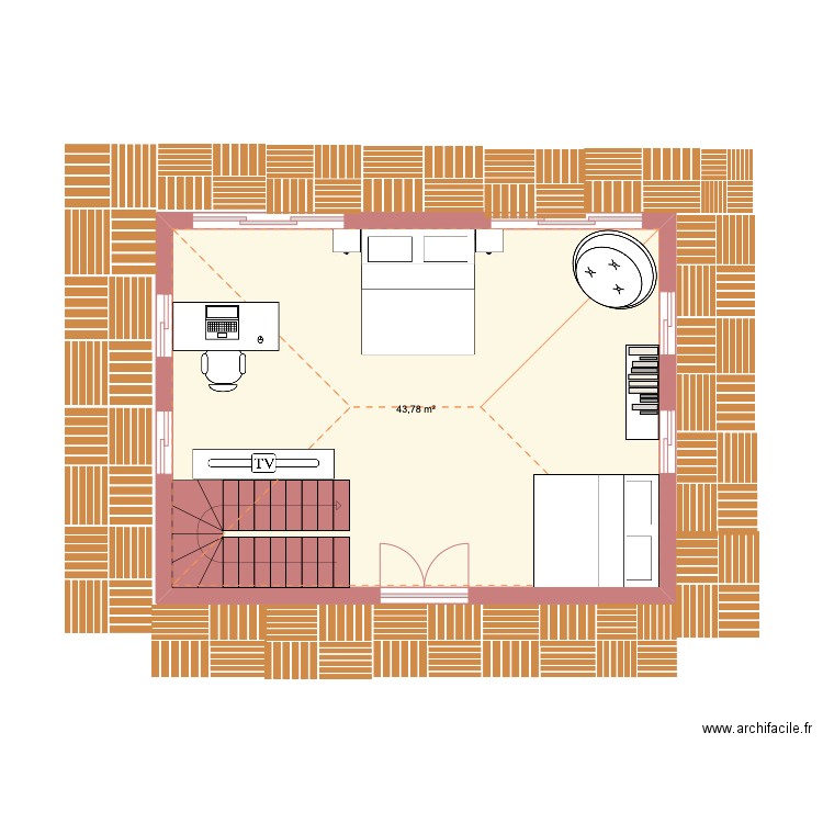 chambre . Plan de 1 pièce et 44 m2