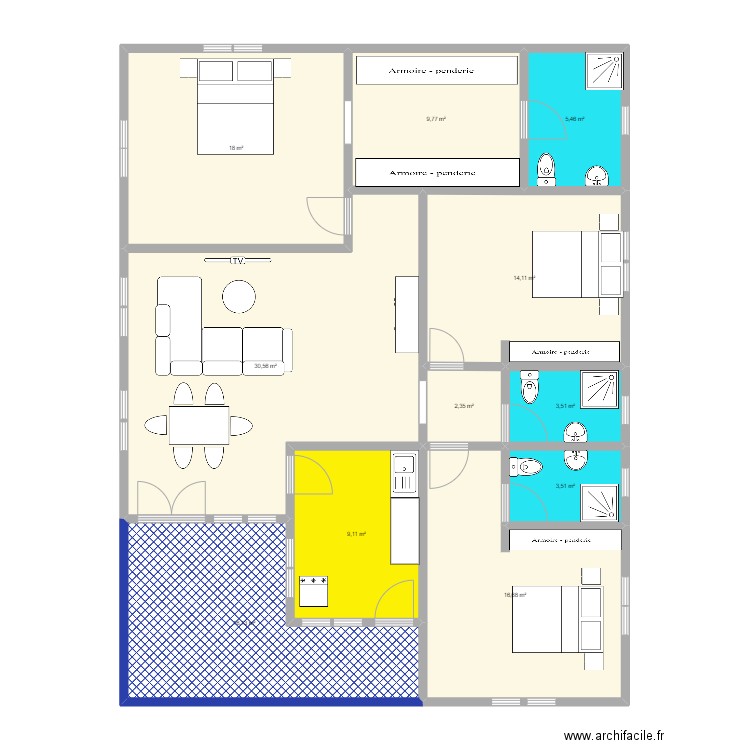 Villa Yakro2. Plan de 11 pièces et 129 m2