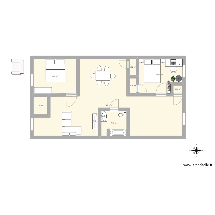 chambre. Plan de 8 pièces et 78 m2