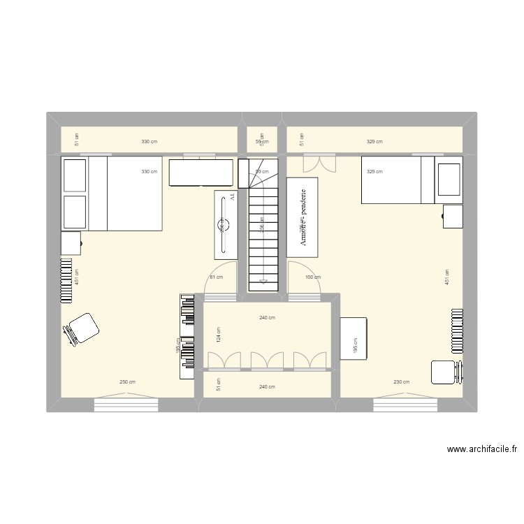 Maison - Etage avec meubles. Plan de 8 pièces et 36 m2