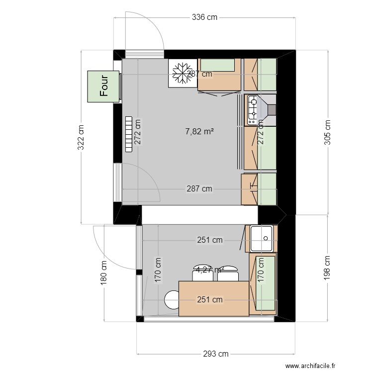 ameublement cuisine 3. Plan de 2 pièces et 12 m2