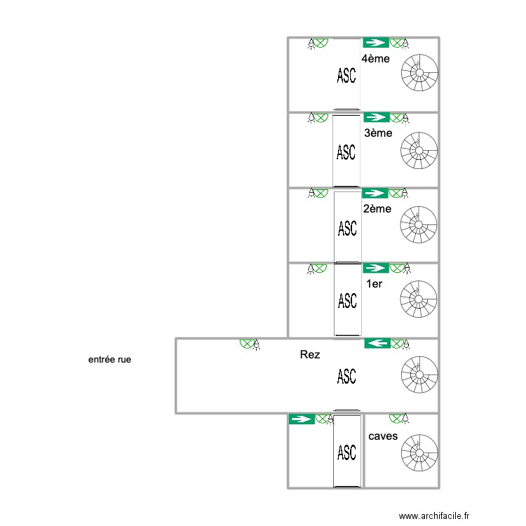 escalier. Plan de 7 pièces et 53 m2