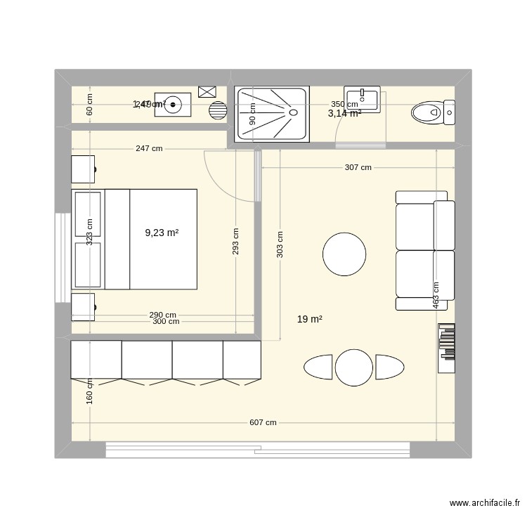 Plan gîte Trillade 2. Plan de 4 pièces et 33 m2