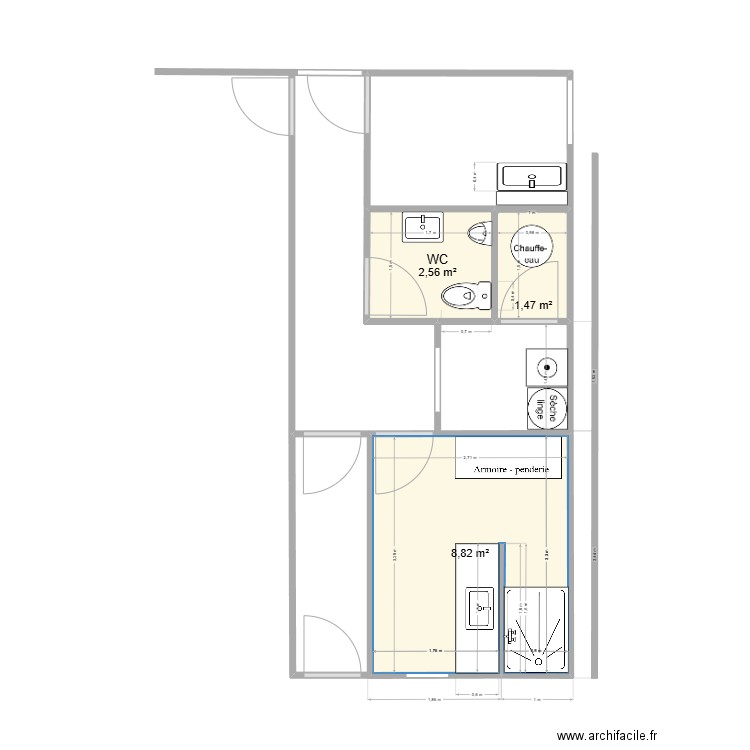 plan salle de bain. Plan de 3 pièces et 13 m2