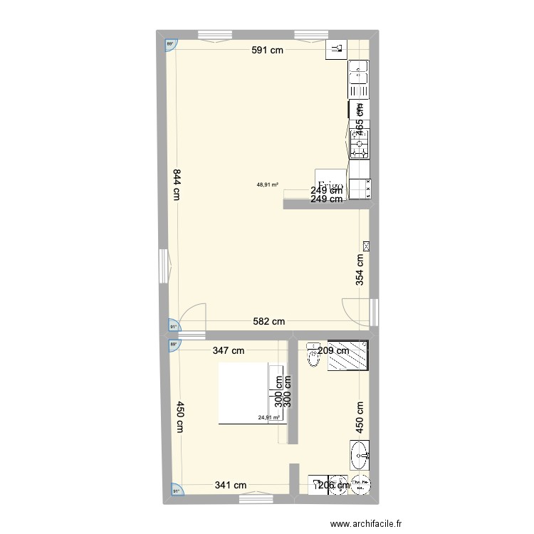 cyrille apporte. Plan de 2 pièces et 74 m2