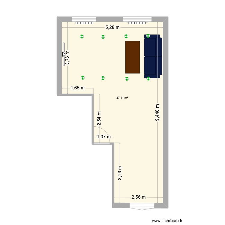 Salon. Plan de 1 pièce et 37 m2