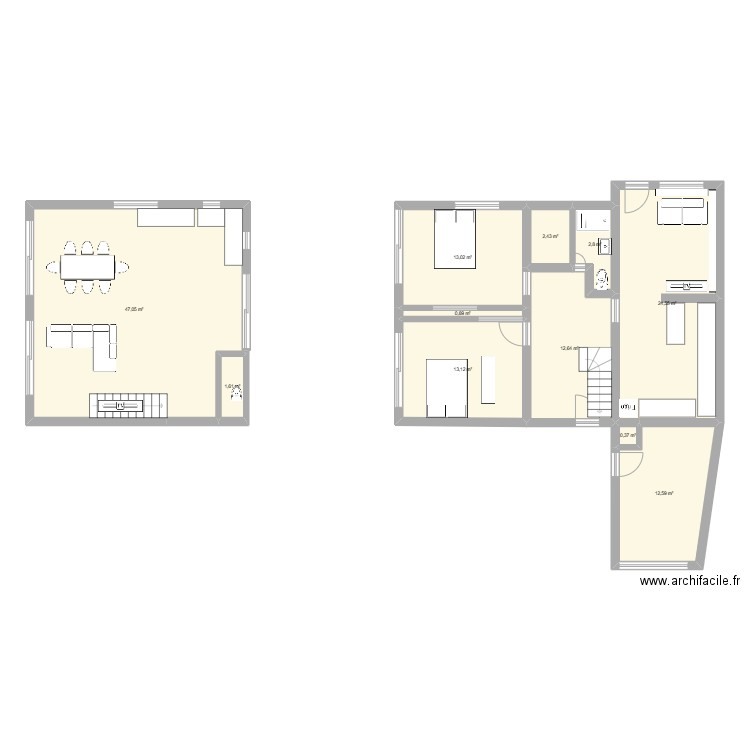 Travaux avec bas. Plan de 11 pièces et 131 m2