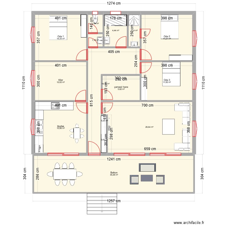 aziz. Plan de 15 pièces et 161 m2