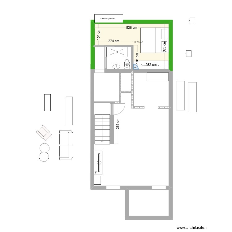 Arrière . Plan de 1 pièce et 12 m2