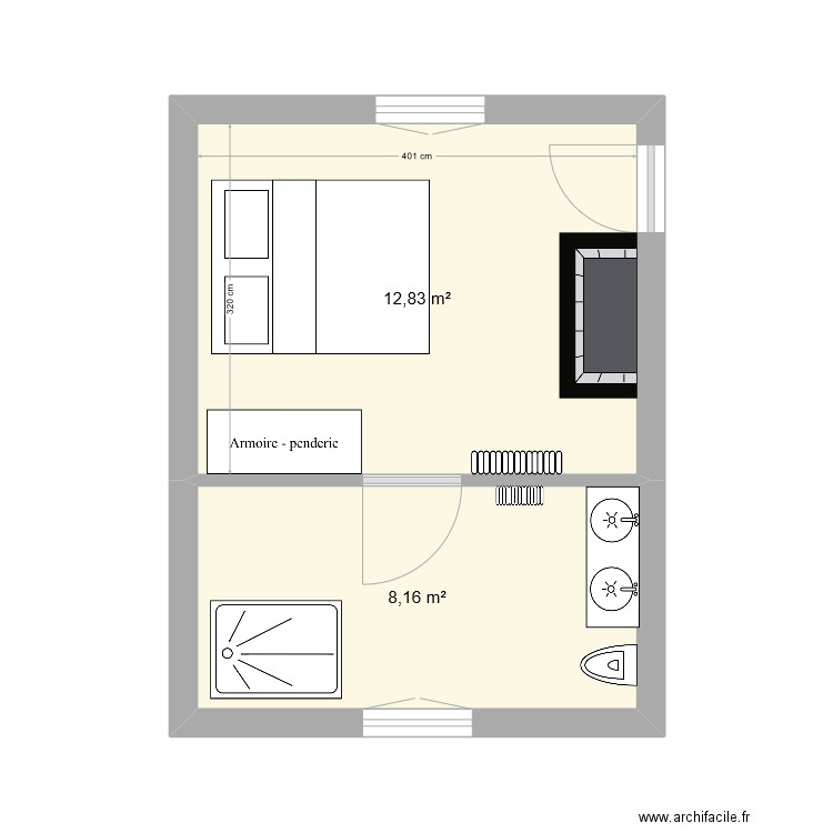 suite parentale. Plan de 2 pièces et 21 m2