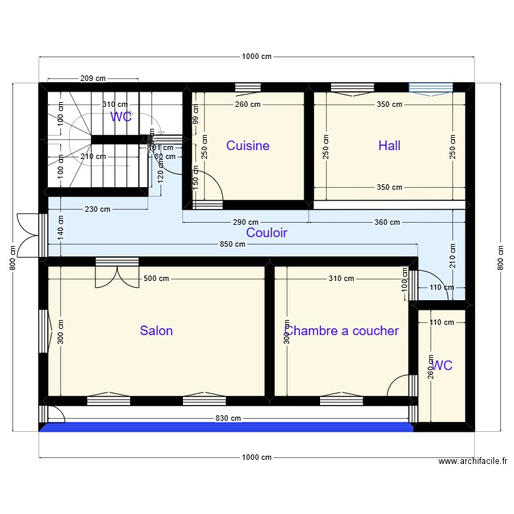 PLAN 10X8 N16 correction veta. Plan de 9 pièces et 64 m2