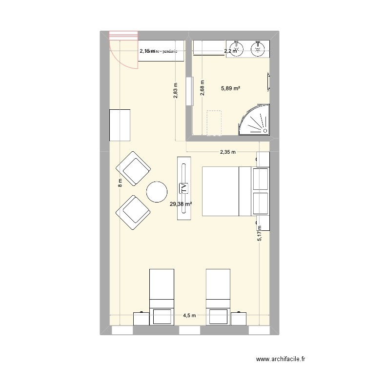 Chambre famille. Plan de 2 pièces et 35 m2