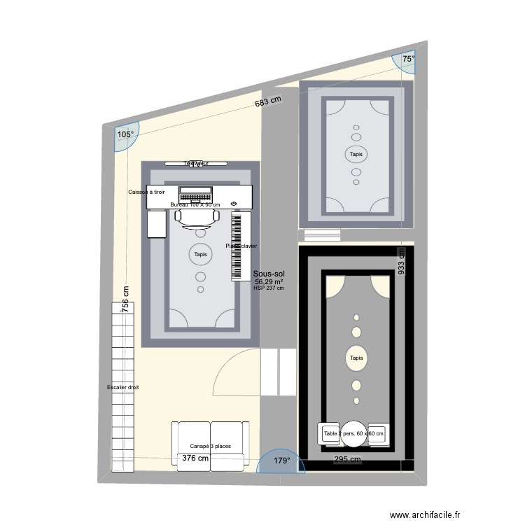 studio plan off. Plan de 1 pièce et 56 m2