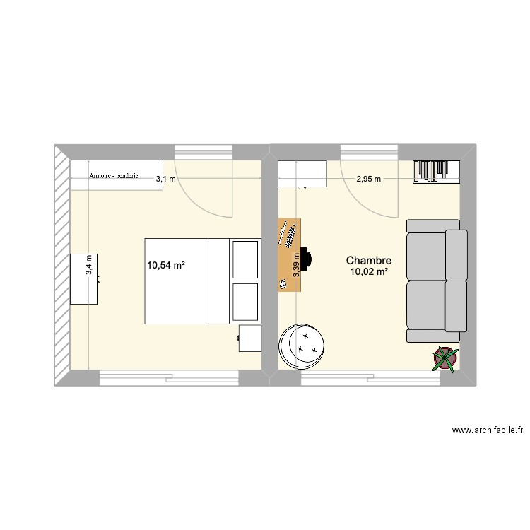 Chambre Marine. Plan de 2 pièces et 21 m2