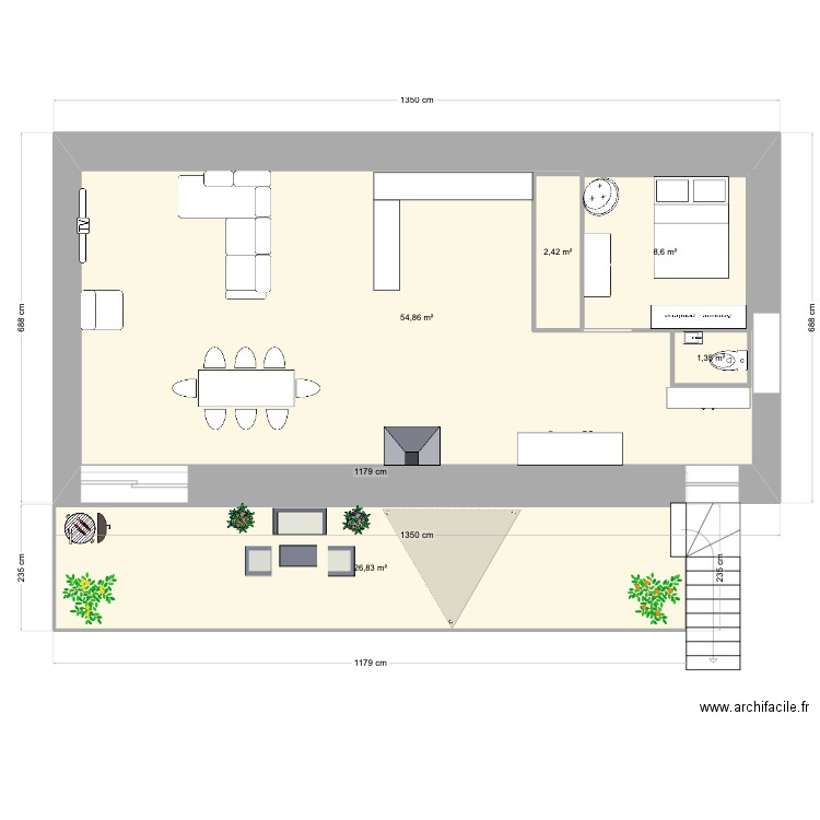 Grange étage. Plan de 5 pièces et 108 m2