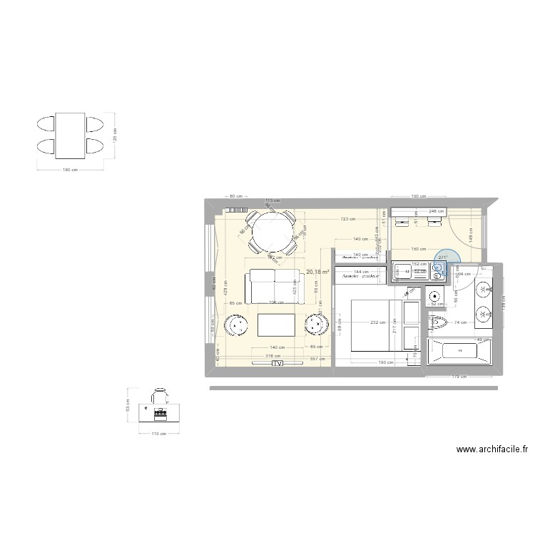 Gracieuse 04/10. Plan de 1 pièce et 20 m2