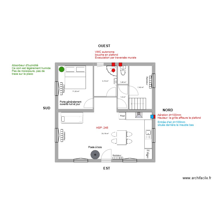 Lubac RdC. Plan de 6 pièces et 62 m2