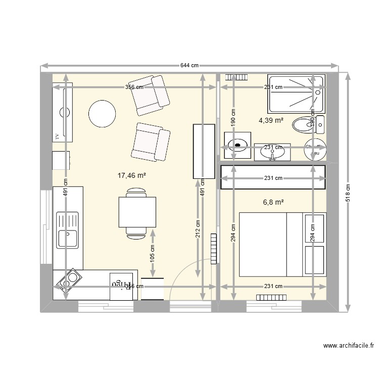 Locatif bernard 5. Plan de 3 pièces et 29 m2