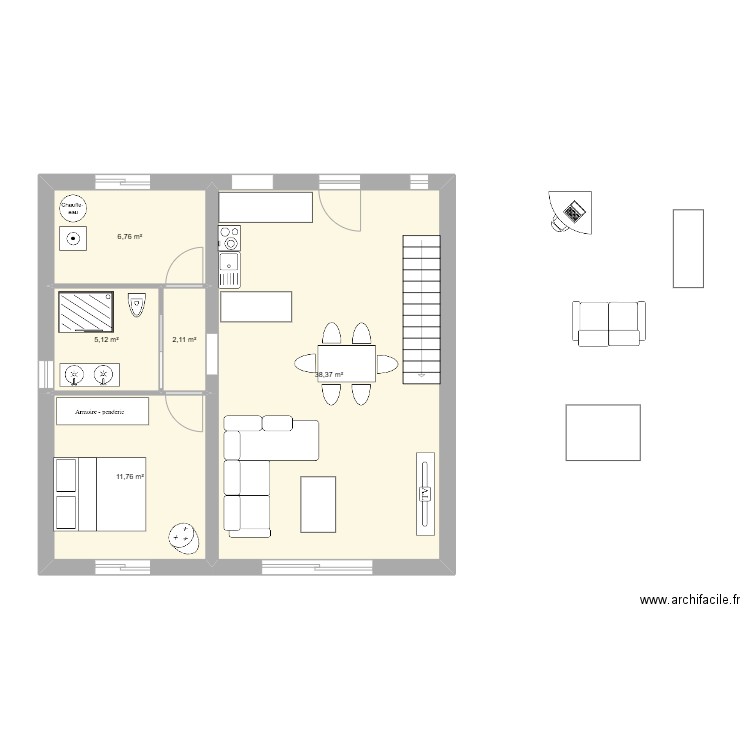 RDC. Plan de 5 pièces et 64 m2