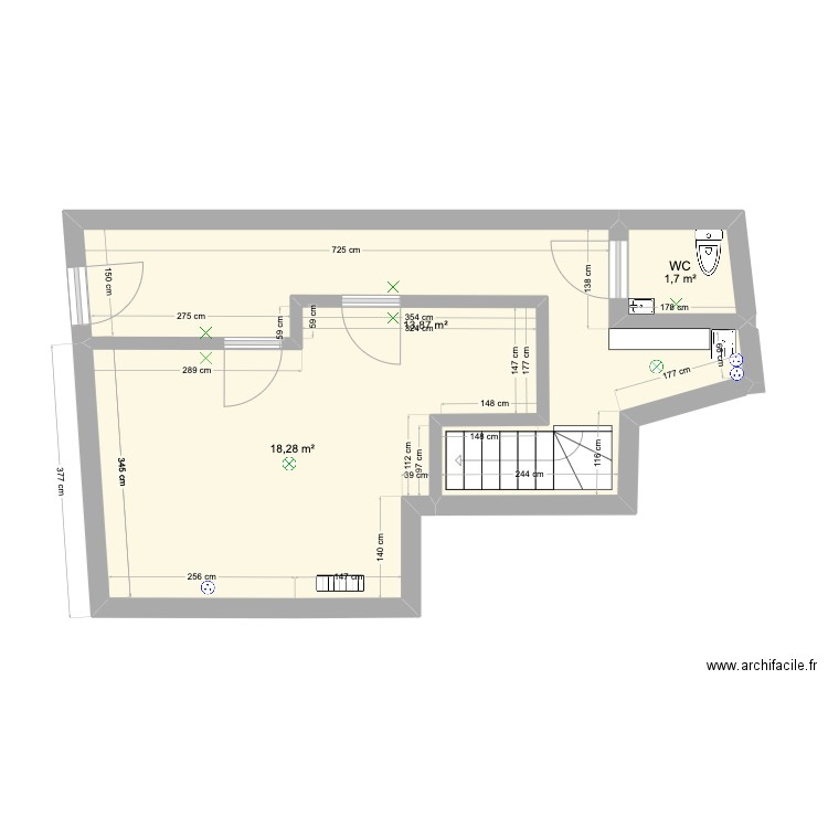 local pro 1 bureau + escalier. Plan de 3 pièces et 34 m2