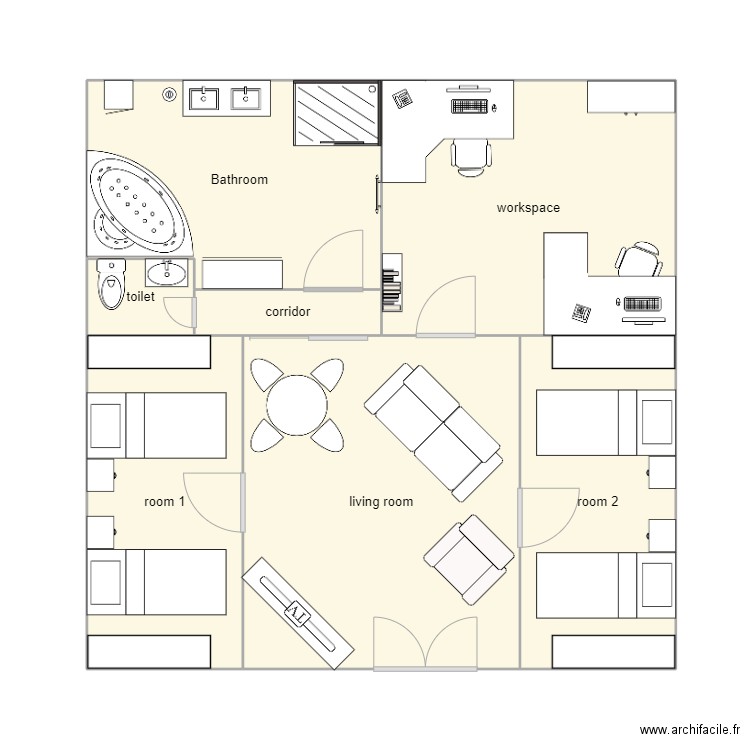 Habitation anglais. Plan de 7 pièces et 63 m2