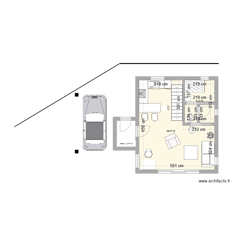 Casa. Plan de 2 pièces et 34 m2