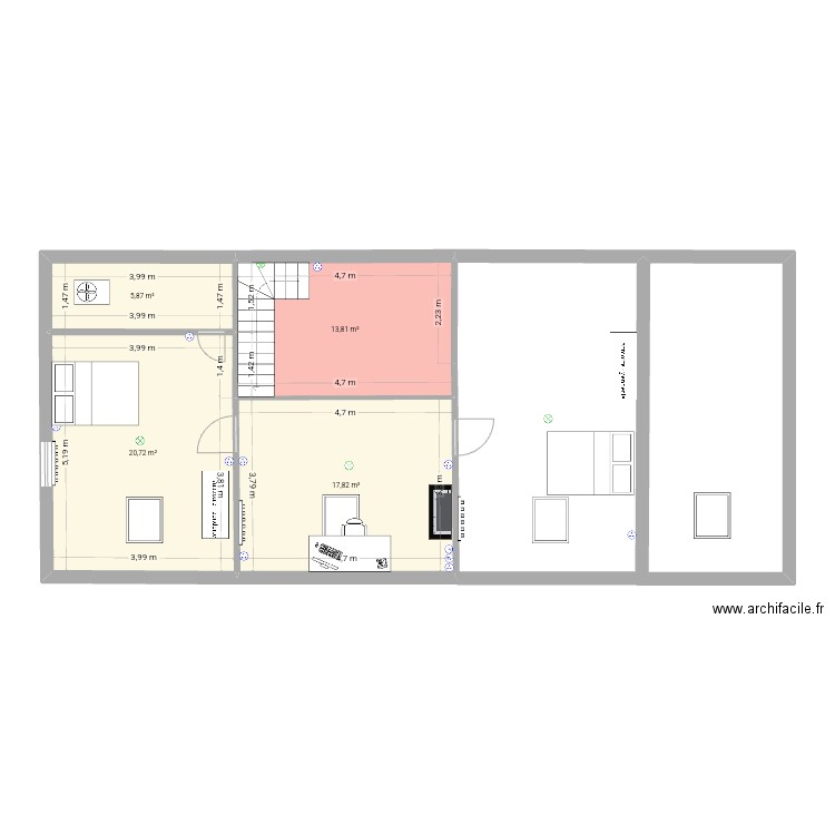 Étage avec meubles. Plan de 4 pièces et 58 m2