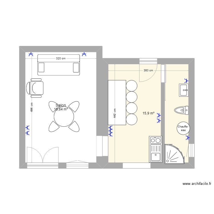 nota RDC1. Plan de 2 pièces et 32 m2