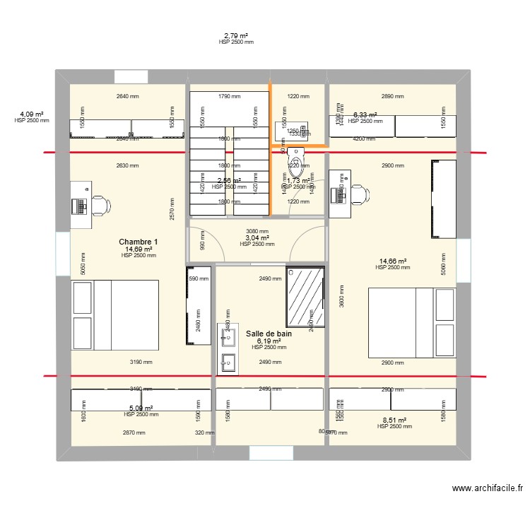 comble sans cotes sans galandage. Plan de 11 pièces et 70 m2