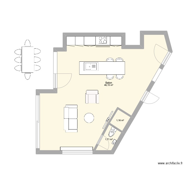 Salon fontjon. Plan de 3 pièces et 49 m2