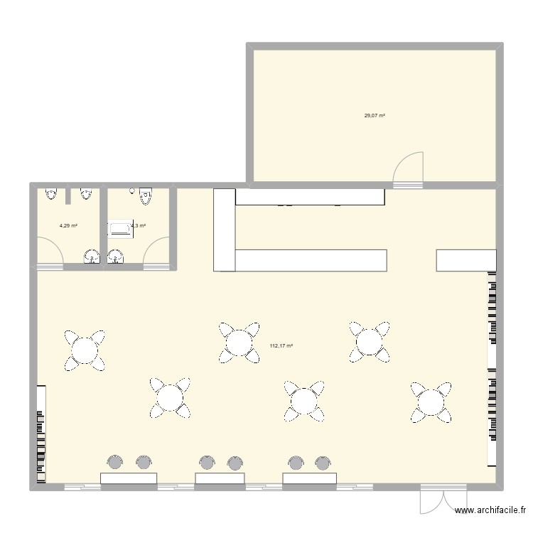 Projet salon de thé. Plan de 4 pièces et 150 m2