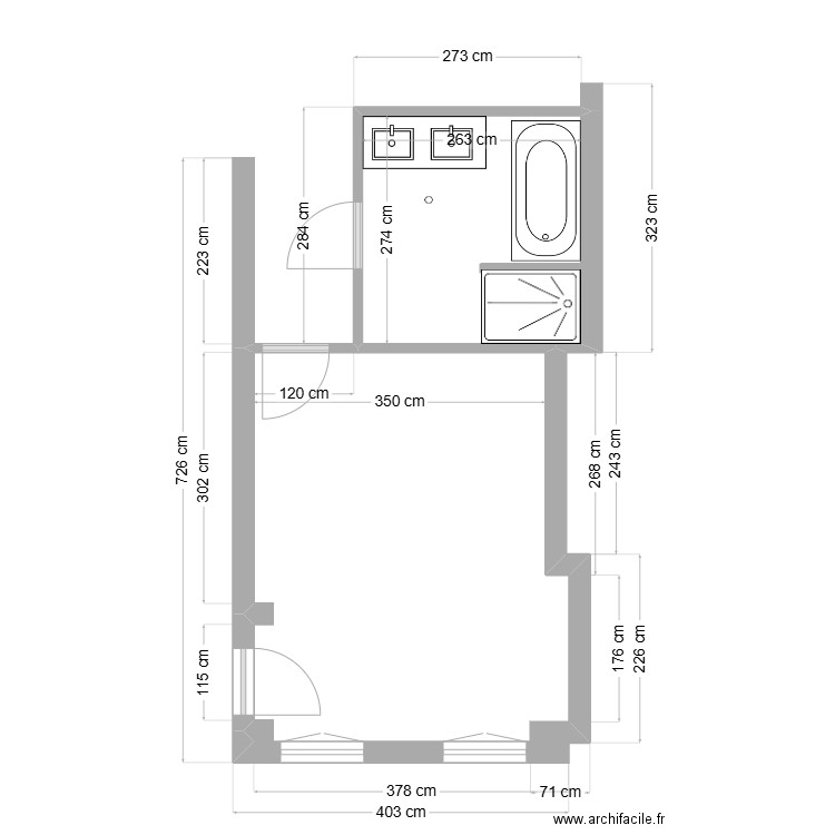 Chambre et sdb actuelles 2. Plan de 1 pièce et 7 m2