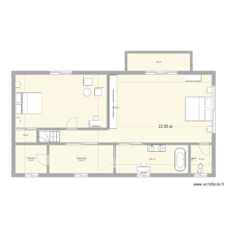 Étage avec rallonge. Plan de 7 pièces et 111 m2