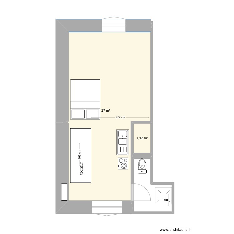 STUDIO GDE MAISON ARIANE  cuisine sur cour. Plan de 2 pièces et 28 m2