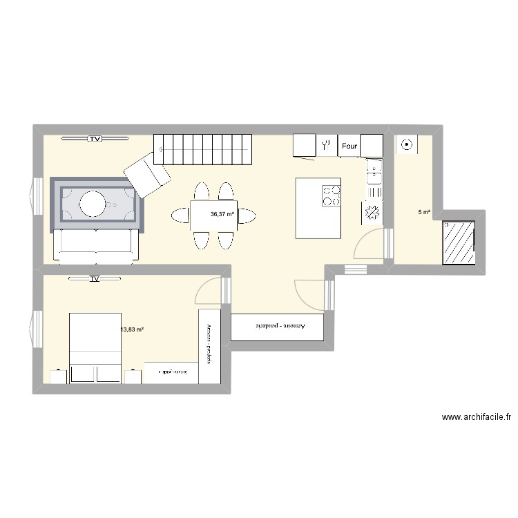 PHASE 1 APPART MEUBLE. Plan de 3 pièces et 55 m2