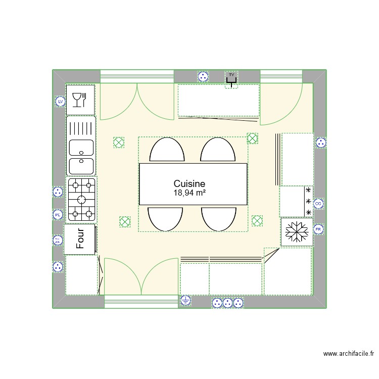 cuisine. Plan de 1 pièce et 19 m2