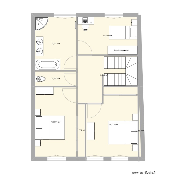 2eme niveau modifié. Plan de 8 pièces et 63 m2