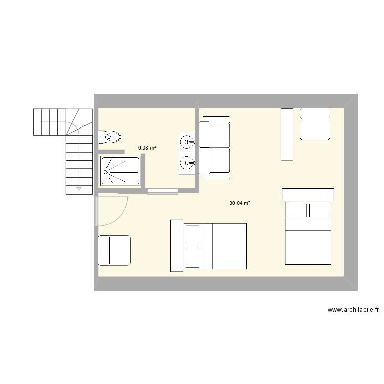 Etage maison. Plan de 2 pièces et 37 m2